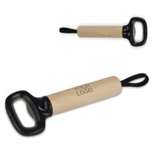 Flaschenöffner mit Holzgriff und Riemen in schwarz Flaschenöffner mit Holzgriff und Riemen in schwarz