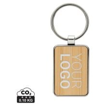 Eckiger Schlüsselring aus RCS rec. Zinklegierung mit Bambus in silber/ braun Eckiger Schlüsselring aus RCS rec. Zinklegierung mit Bambus in silber/ braun