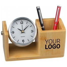 Stifteköcher aus Bambus mit analoger Uhr VERNON - beige Stifteköcher aus Bambus mit analoger Uhr VERNON - beige