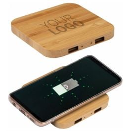 Wireless Charger aus Bambus mit 2 USB Hubs ROMAN - beige Wireless Charger aus Bambus mit 2 USB Hubs ROMAN - beige