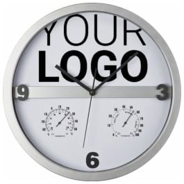 Wanduhr mit Hygro - und Thermometer, halbes Display bedruckbar ERICH - grau Wanduhr mit Hygro - und Thermometer, halbes Display bedruckbar ERICH - grau