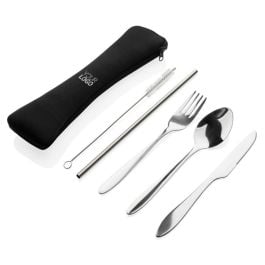 4-teiliges wiederverwendbares Besteckset aus Stainless-Steel in silber 4-teiliges wiederverwendbares Besteckset aus Stainless-Steel in silber