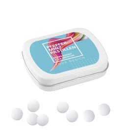 Mini Klappdose mit Pfefferminzpastillen Mini Klappdose mit Pfefferminzpastillen